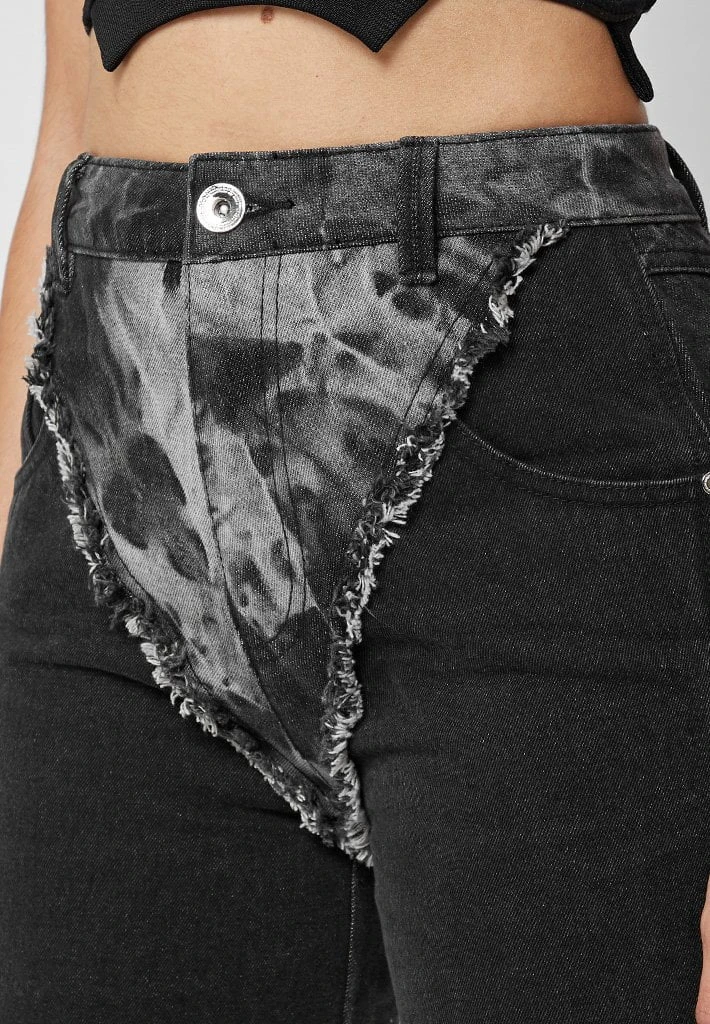 Woman Denim Two Tone Marbled Mom Jeans - Washed Black