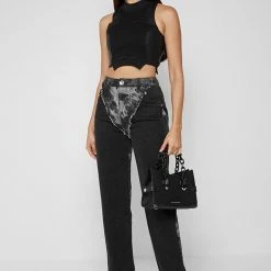 Woman Denim Two Tone Marbled Mom Jeans - Washed Black