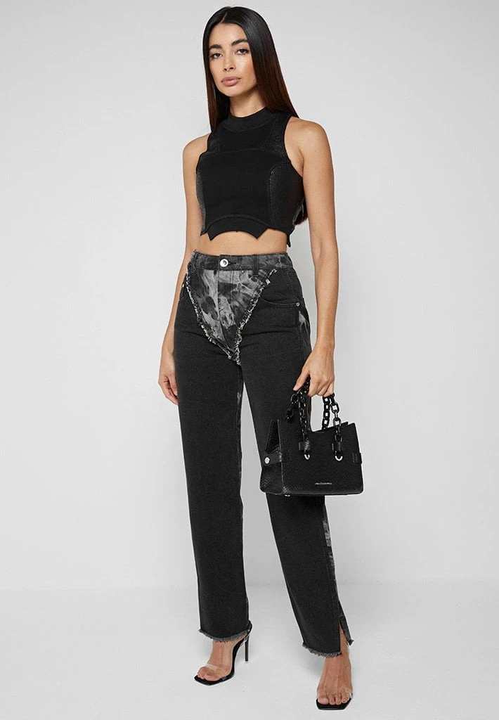Woman Denim Two Tone Marbled Mom Jeans - Washed Black