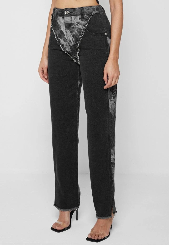 Woman Denim Two Tone Marbled Mom Jeans - Washed Black