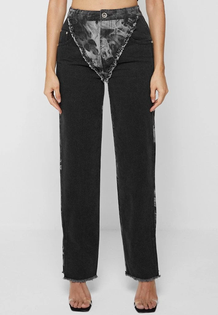 Woman Denim Two Tone Marbled Mom Jeans - Washed Black