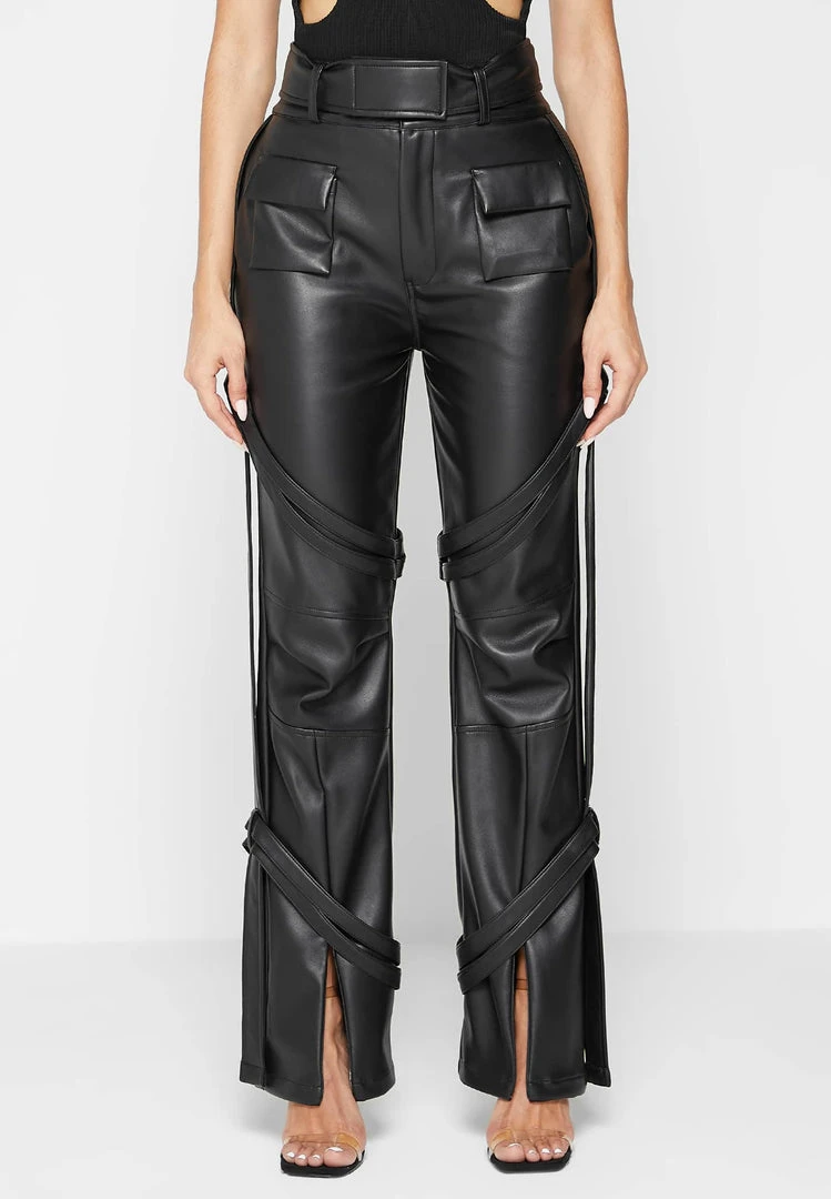 Woman Trousers Vegan Leather Carpenter Cargo Trousers - Black