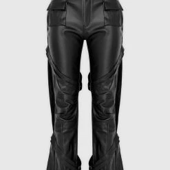 Woman Trousers Vegan Leather Carpenter Cargo Trousers - Black