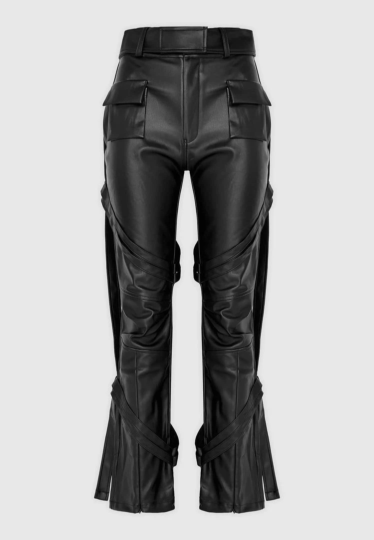 Woman Trousers Vegan Leather Carpenter Cargo Trousers - Black