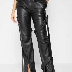 Woman Trousers Vegan Leather Carpenter Cargo Trousers - Black