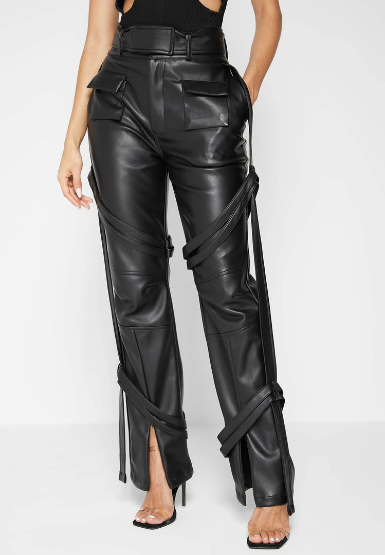 Woman Trousers Vegan Leather Carpenter Cargo Trousers - Black