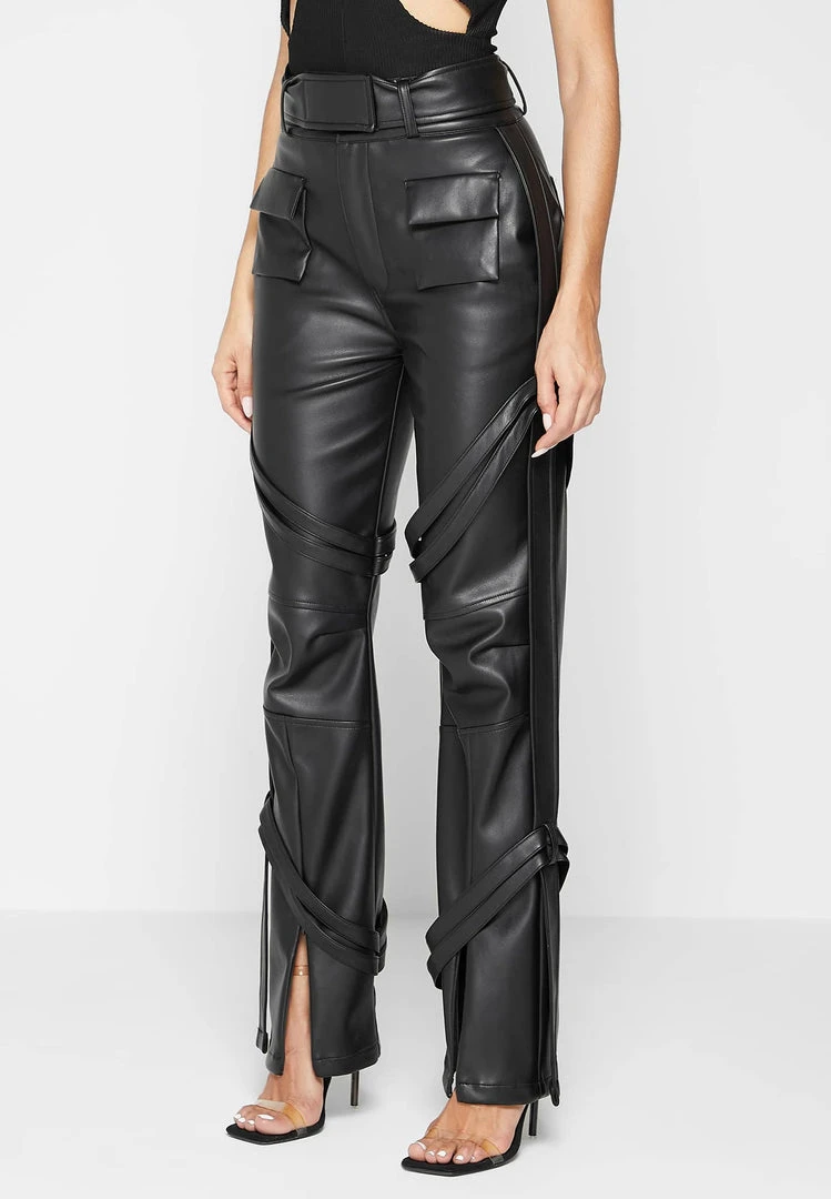 Woman Trousers Vegan Leather Carpenter Cargo Trousers - Black