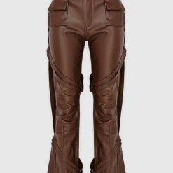 Woman Trousers Vegan Leather Carpenter Cargo Trousers - Brown