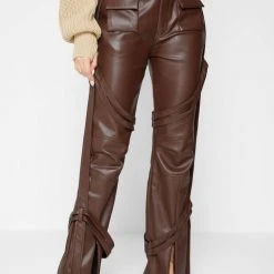Woman Trousers Vegan Leather Carpenter Cargo Trousers - Brown