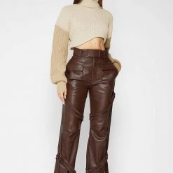 Woman Trousers Vegan Leather Carpenter Cargo Trousers - Brown