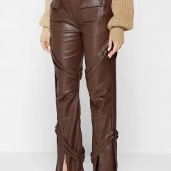 Woman Trousers Vegan Leather Carpenter Cargo Trousers - Brown