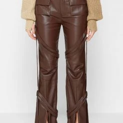 Woman Trousers Vegan Leather Carpenter Cargo Trousers - Brown