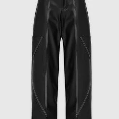 Woman Trousers Vegan Leather Contrast Stitch Cargo Pants - Black CARGO PANTS & JOGGERS