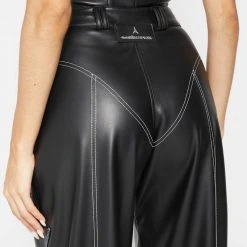 Woman Trousers Vegan Leather Contrast Stitch Cargo Pants - Black CARGO PANTS & JOGGERS