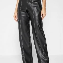 Woman Trousers Vegan Leather Contrast Stitch Cargo Pants - Black CARGO PANTS & JOGGERS