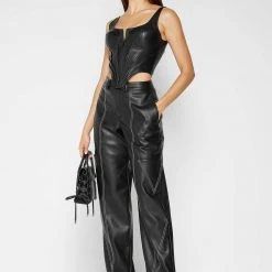 Woman Trousers Vegan Leather Contrast Stitch Cargo Pants - Black CARGO PANTS & JOGGERS