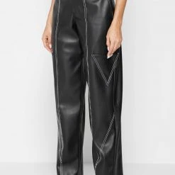 Woman Trousers Vegan Leather Contrast Stitch Cargo Pants - Black CARGO PANTS & JOGGERS