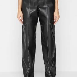 Woman Trousers Vegan Leather Contrast Stitch Cargo Pants - Black CARGO PANTS & JOGGERS