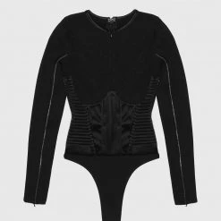 Woman Tops Vegan Leather Corset Bandage Bodysuit - Black