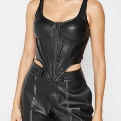 Woman Tops Vegan Leather Corset Top - Black