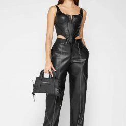 Woman Tops Vegan Leather Corset Top - Black