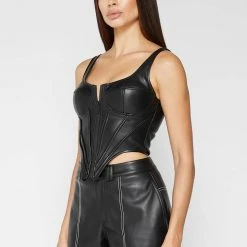 Woman Tops Vegan Leather Corset Top - Black