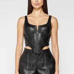 Woman Tops Vegan Leather Corset Top - Black