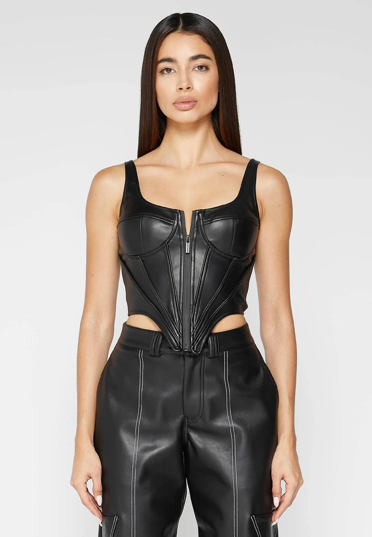 Woman Tops Vegan Leather Corset Top - Black