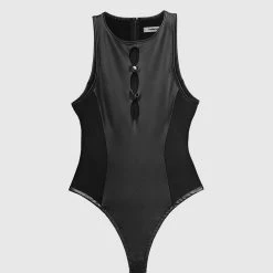 Woman Tops BODYSUITS Vegan Leather Cut Out Bodysuit - Black