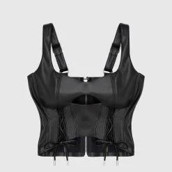 Woman Tops TOPS & T SHIRTS Vegan Leather Lace Up Corset Top - Black