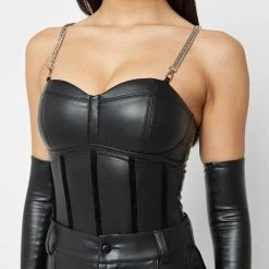 Woman Tops Vegan Leather Corset Bodysuit With Sleeve - Black BODYSUITS