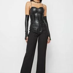 Woman Tops Vegan Leather Corset Bodysuit With Sleeve - Black BODYSUITS