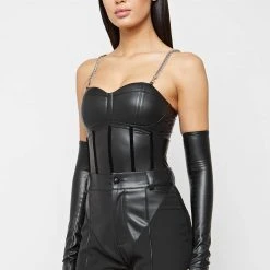 Woman Tops Vegan Leather Corset Bodysuit With Sleeve - Black BODYSUITS