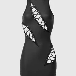 Woman Dresses Vegan Leather Cut Out Mini Dress - Black