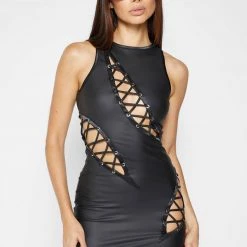 Woman Dresses Vegan Leather Cut Out Mini Dress - Black