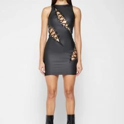 Woman Dresses Vegan Leather Cut Out Mini Dress - Black