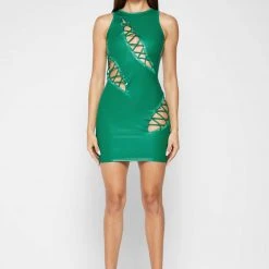 Woman Dresses Vegan Leather Cut Out Mini Dress - Green
