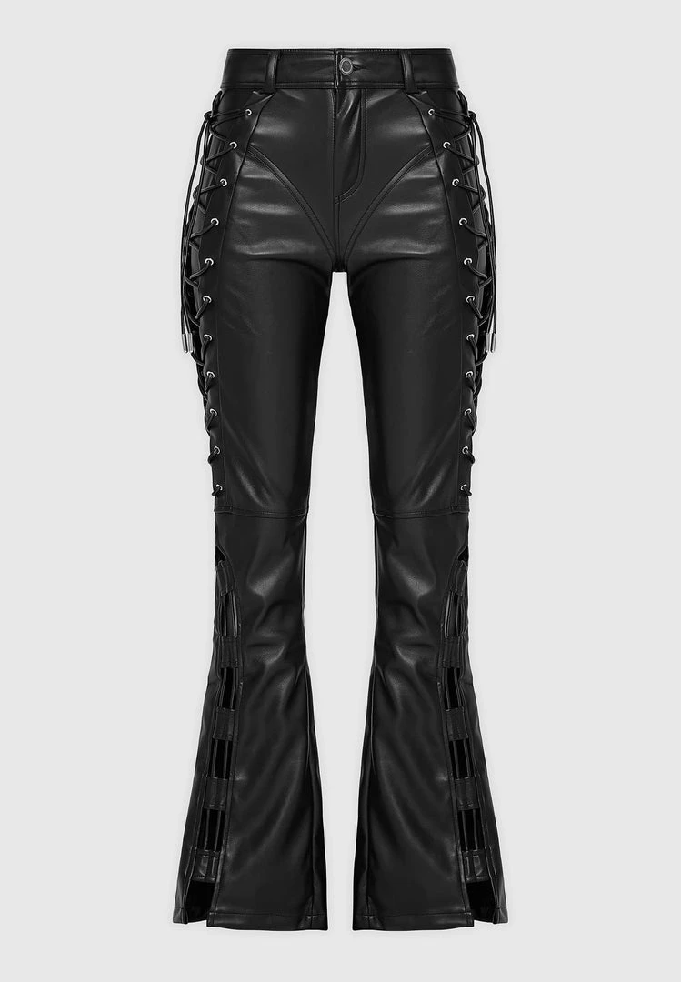 Woman Trousers Vegan Leather Lace Up Trousers - Black