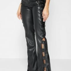 Woman Trousers Vegan Leather Lace Up Trousers - Black