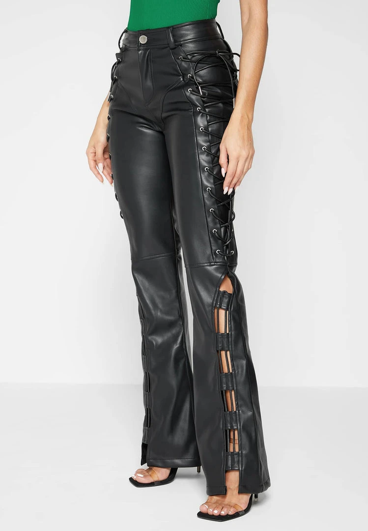 Woman Trousers Vegan Leather Lace Up Trousers - Black