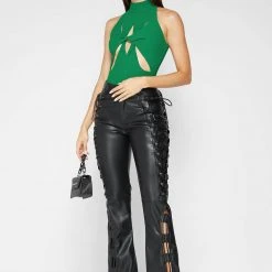 Woman Trousers Vegan Leather Lace Up Trousers - Black