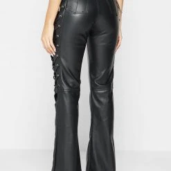 Woman Trousers Vegan Leather Lace Up Trousers - Black