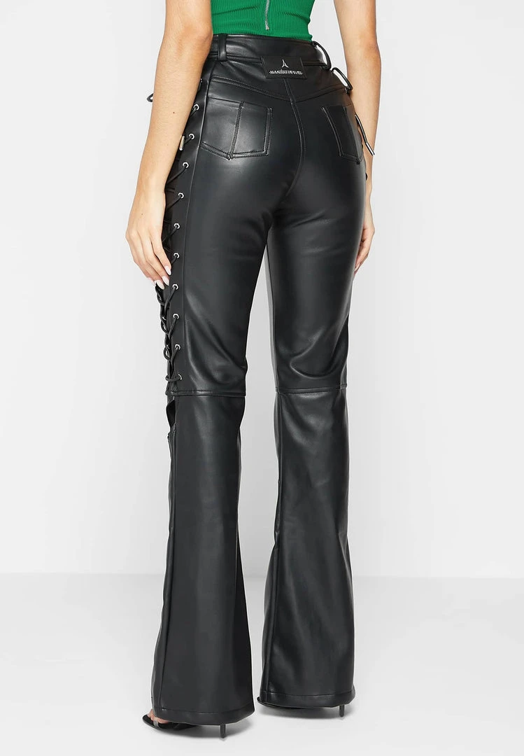 Woman Trousers Vegan Leather Lace Up Trousers - Black