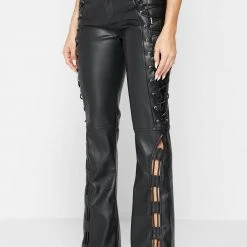 Woman Trousers Vegan Leather Lace Up Trousers - Black