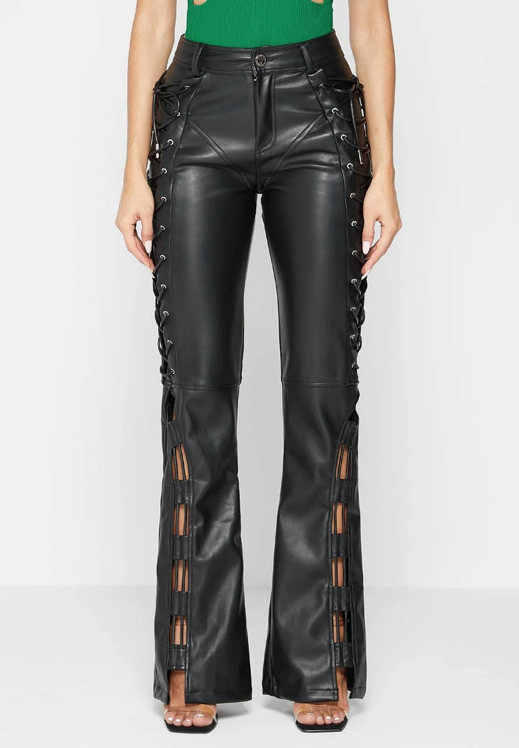 Woman Trousers Vegan Leather Lace Up Trousers - Black