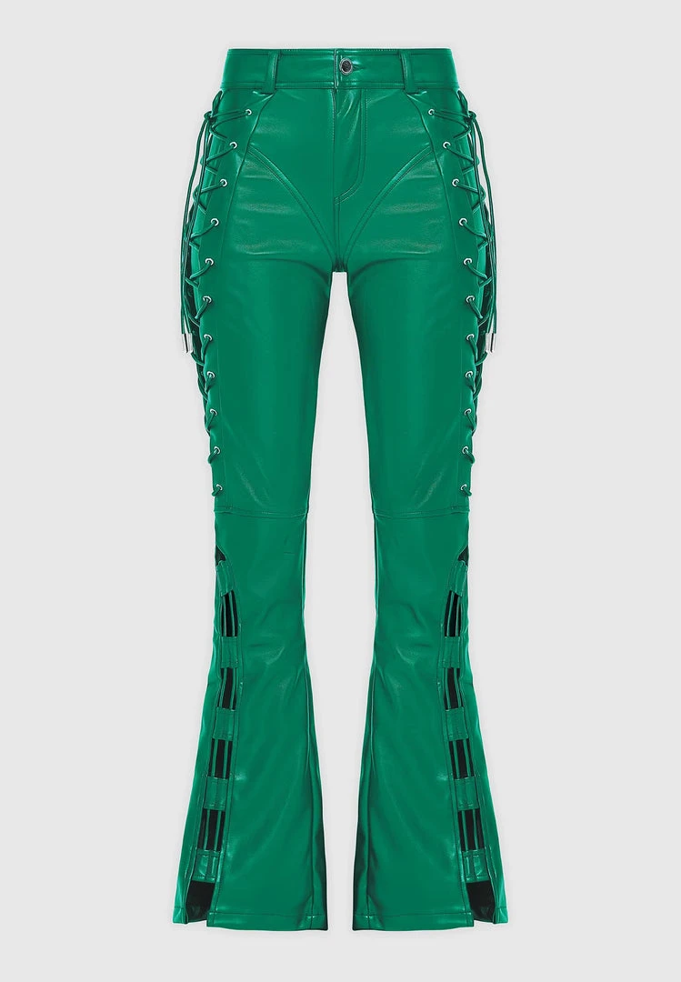 Woman Trousers Vegan Leather Lace Up Trousers - Green