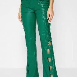 Woman Trousers Vegan Leather Lace Up Trousers - Green