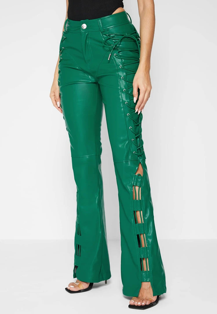 Woman Trousers Vegan Leather Lace Up Trousers - Green