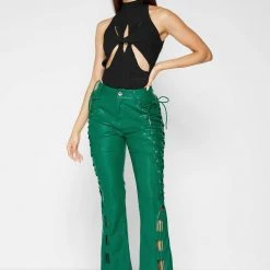 Woman Trousers Vegan Leather Lace Up Trousers - Green