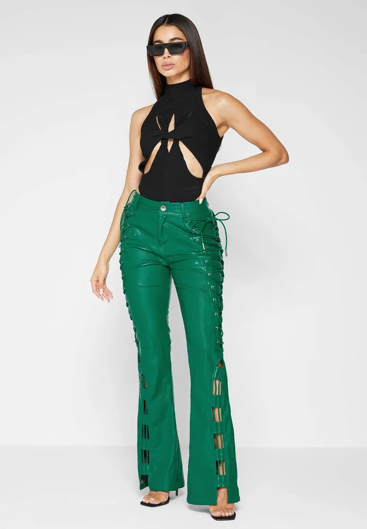 Woman Trousers Vegan Leather Lace Up Trousers - Green